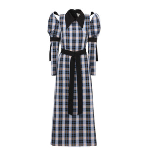 Stylish Cold Shoulder Long Sleeve Dress With Belt Blue Check