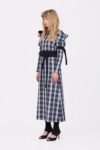 Stylish Cold Shoulder Long Sleeve Dress With Belt Blue Check