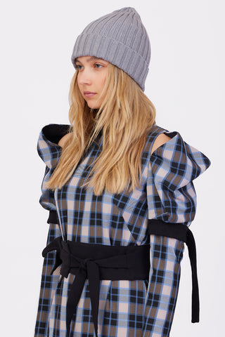 Stylish Cold Shoulder Long Sleeve Dress With Belt Blue Check
