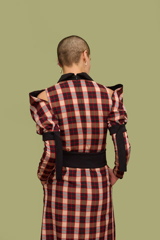 Stylish Cold Shoulder Long Sleeve Dress With Belt Red Check - Julia Allert