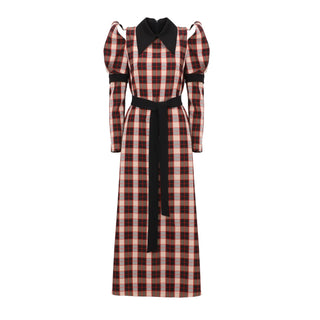 Stylish Cold Shoulder Long Sleeve Dress With Belt Red Check