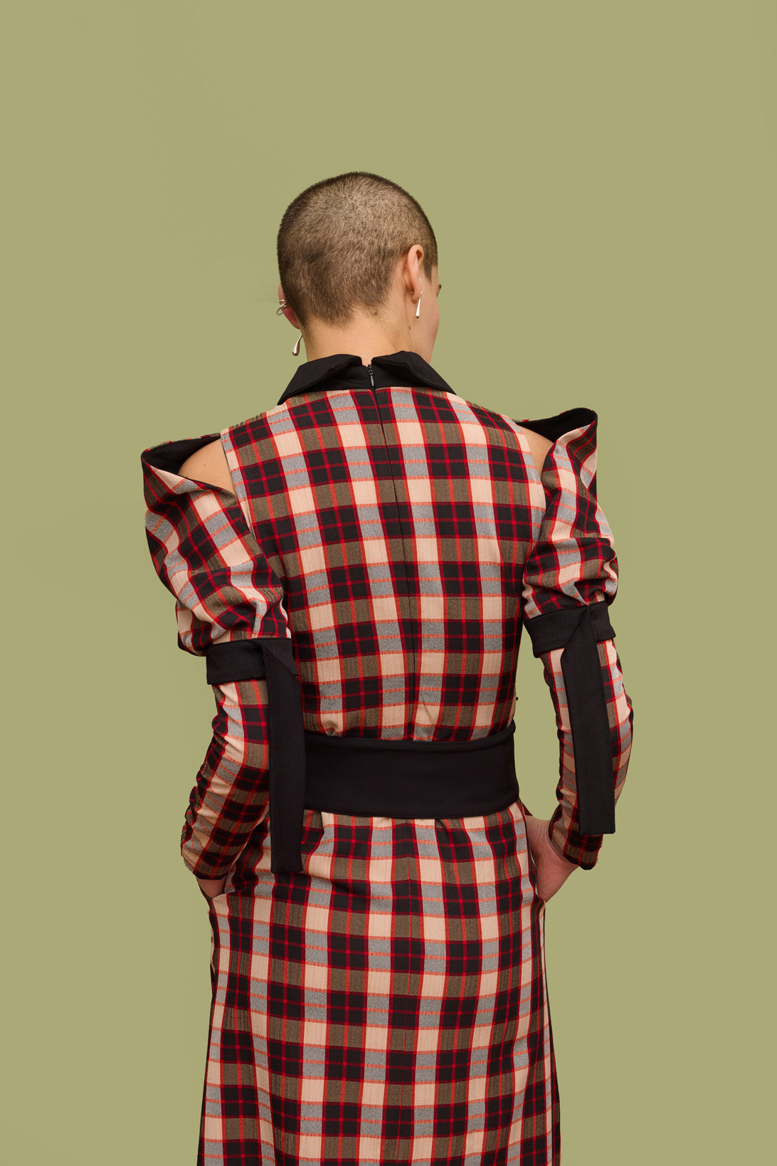 Stylish Cold Shoulder Long Sleeve Dress With Belt Red Check S Stylish Cold Shoulder Long Sleeve Dress With Belt Red Check S