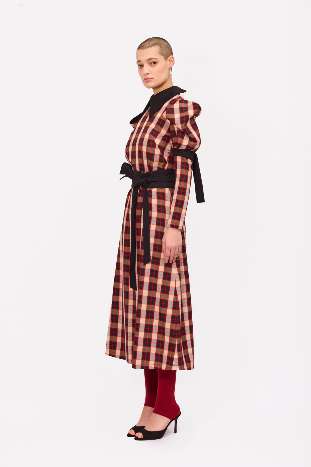 Stylish Cold Shoulder Long Sleeve Dress with Belt Red Check S Stylish Cold Shoulder Long Sleeve Dress with Belt Red Check S