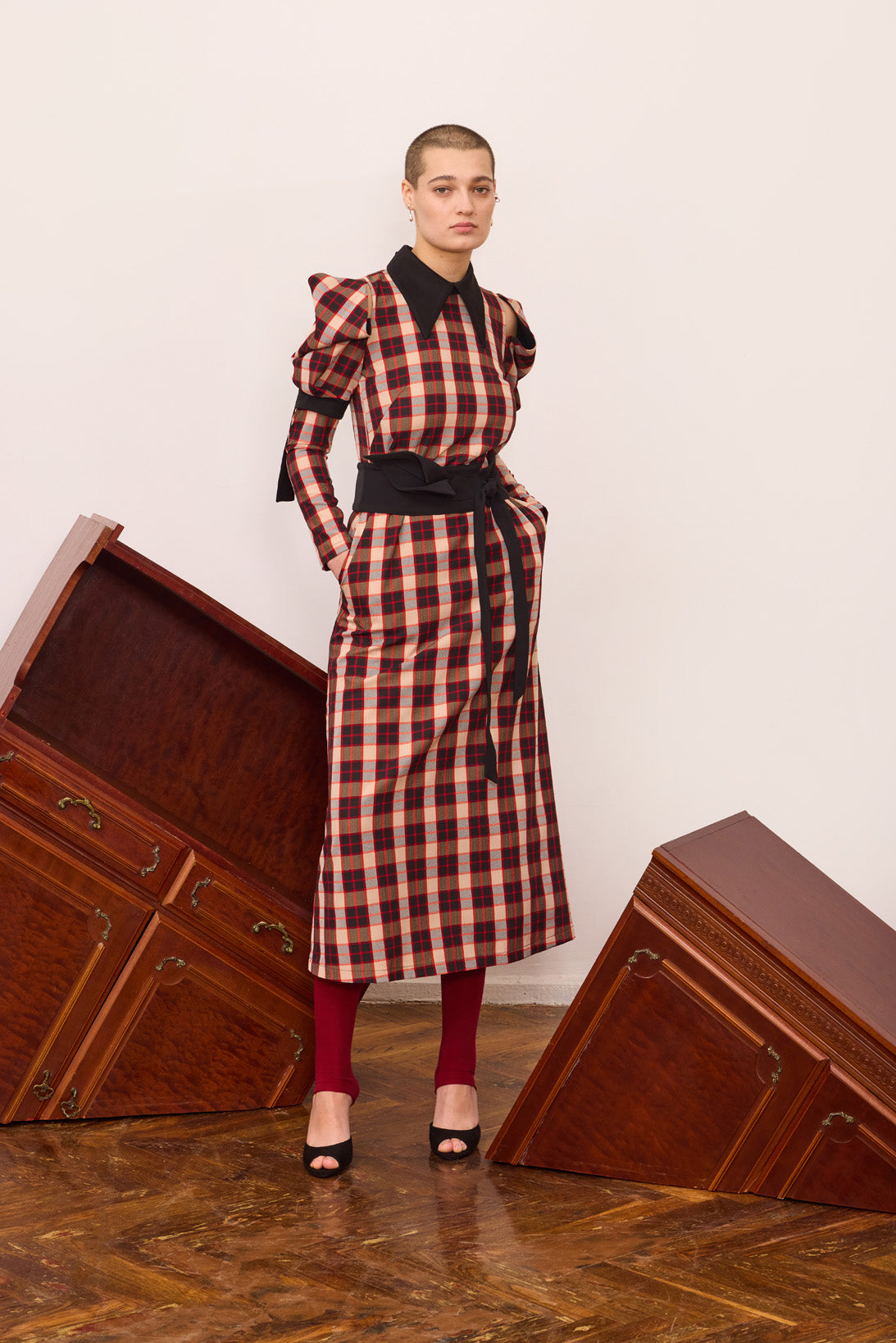 Stylish Cold Shoulder Long Sleeve Dress With Belt Red Check S Stylish Cold Shoulder Long Sleeve Dress With Belt Red Check S
