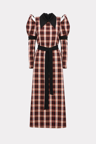 Stylish Cold Shoulder Long Sleeve Dress With Belt Red Check