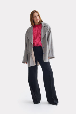 Stylish Relaxed-Fit Blazer With Contrast Lining Blue Beige Check