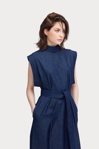 Stylish Straight Dress With Belt Denim Blue