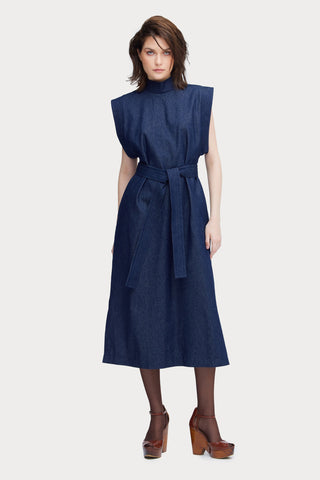 Stylish Straight Dress With Belt Denim Blue