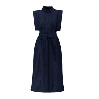 Stylish Straight Dress With Belt Denim Blue