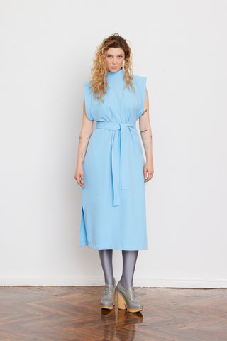 Stylish Straight Dress With Belt Light Blue