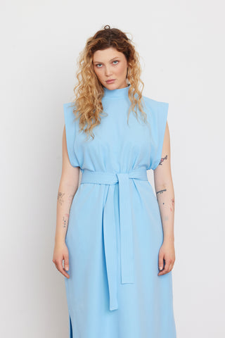 Stylish Straight Dress With Belt Light Blue