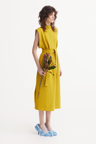 Stylish Straight Dress With Belt Mustard