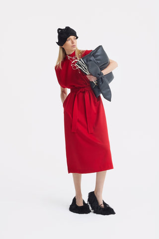 Stylish Straight Dress With Belt Red - Julia Allert