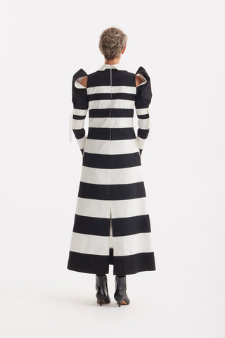 Stylish Striped Cold Shoulder Long Sleeve Dress - Black White - Julia Allert