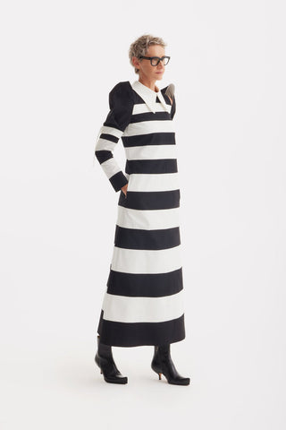 Stylish Striped Cold Shoulder Long Sleeve Dress - Black White - Julia Allert