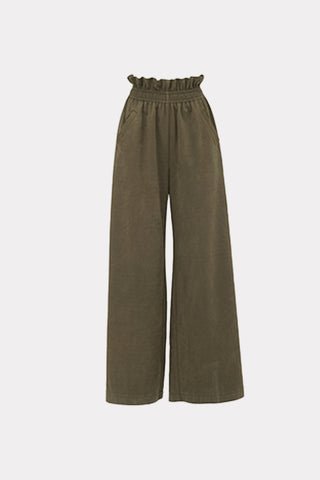 Suede Wide-Leg Pants With Ruffled Waist - Khaki