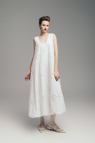 Summer Cotton Sleeveless Eyelet Dress With Balloon Hem White