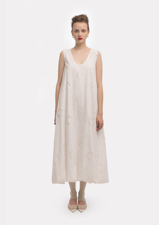 Summer Cotton Sleeveless Eyelet Dress With Balloon Hem White