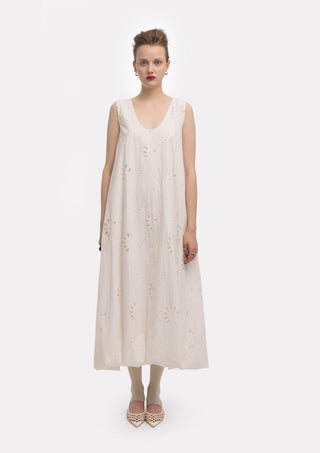 Summer Cotton Sleeveless Eyelet Dress With Balloon Hem White
