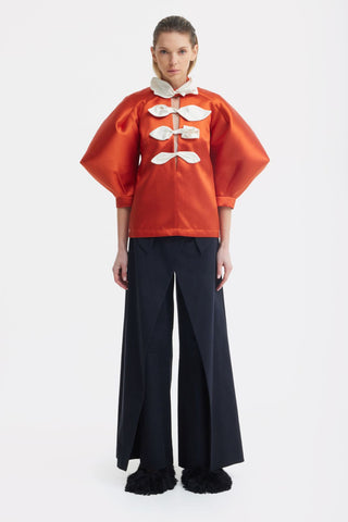 Taffeta Deep V-Neck Blouse With Satin Floral Detail – Orange