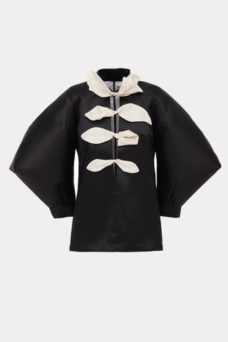 Taffeta Deep V-Neck Blouse With Satin Floral Detail – Black - Julia Allert
