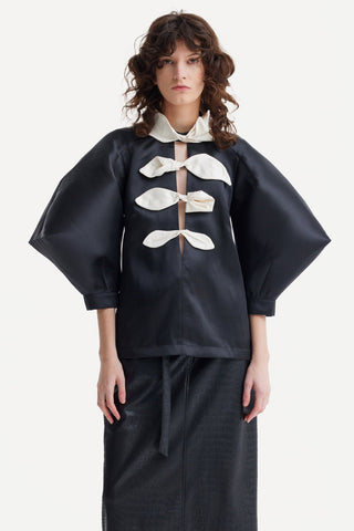 Taffeta Deep V-Neck Blouse With Satin Floral Detail – Black - Julia Allert