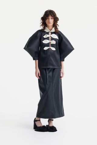 Taffeta Deep V-Neck Blouse With Satin Floral Detail – Black