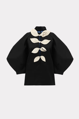 Taffeta Deep V-Neck Blouse With Satin Floral Detail – Black