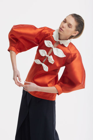 Taffeta Deep V-Neck Blouse With Satin Floral Detail – Orange - Julia Allert