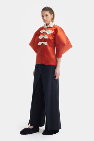 Taffeta Deep V-Neck Blouse With Satin Floral Detail – Orange - Julia Allert