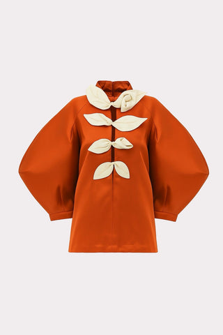 Taffeta Deep V-Neck Blouse With Satin Floral Detail – Orange - Julia Allert
