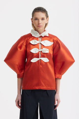 Taffeta Deep V-Neck Blouse With Satin Floral Detail – Orange - Julia Allert