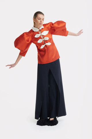 Taffeta Deep V-Neck Blouse With Satin Floral Detail – Orange - Julia Allert
