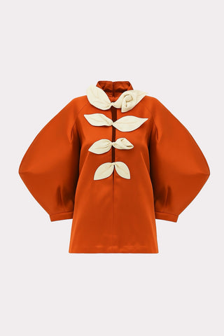 Taffeta Deep V-Neck Blouse With Satin Floral Detail – Orange