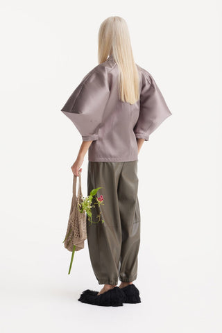 Taffeta Deep V-Neck Blouse With Satin Floral Detail – Taupe - Julia Allert