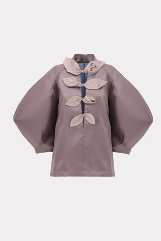 Taffeta Deep V-Neck Blouse With Satin Floral Detail – Taupe - Julia Allert