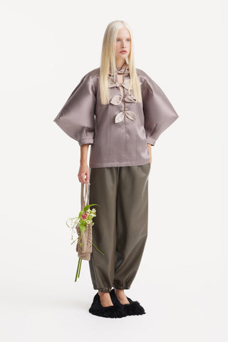 Taffeta Deep V-Neck Blouse With Satin Floral Detail – Taupe - Julia Allert