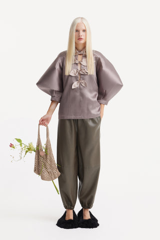 High-Waisted Wide Leg Faux Leather Joggers Khaki