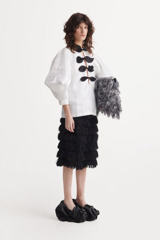 Taffeta Deep V-Neck Blouse With Satin Floral Detail – White - Julia Allert