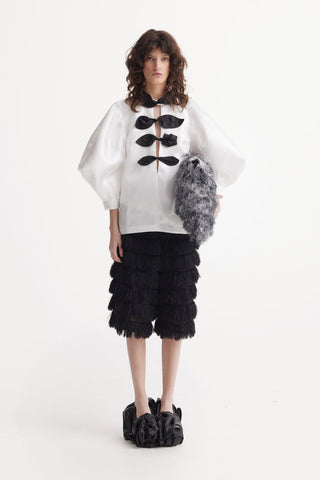 Taffeta Deep V-Neck Blouse With Satin Floral Detail – White - Julia Allert