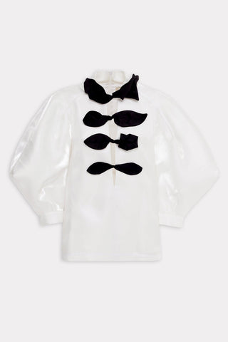 Taffeta Deep V-Neck Blouse With Satin Floral Detail – White - Julia Allert