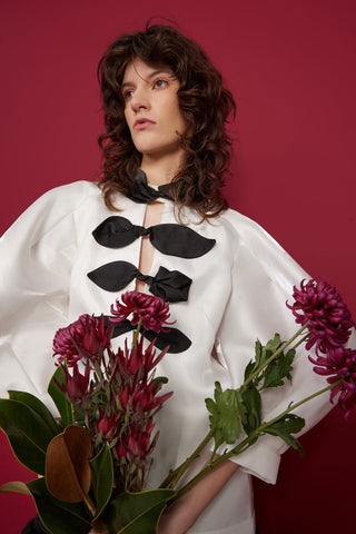 Taffeta Deep V-Neck Blouse With Satin Floral Detail – White - Julia Allert