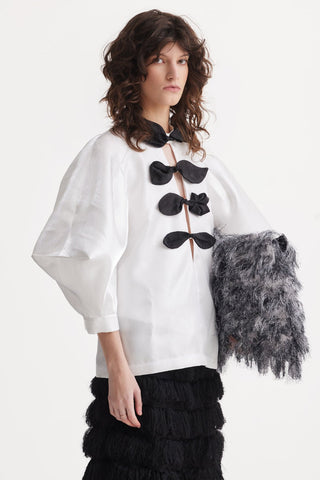 Taffeta Deep V-Neck Blouse With Satin Floral Detail – White - Julia Allert