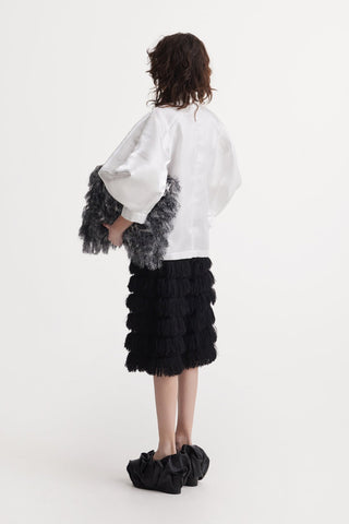 Taffeta Deep V-Neck Blouse With Satin Floral Detail – White - Julia Allert