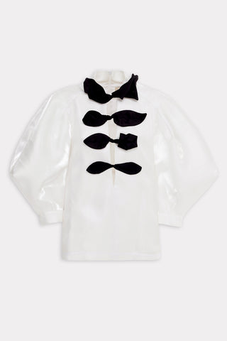 Taffeta Deep V-Neck Blouse With Satin Floral Detail – White