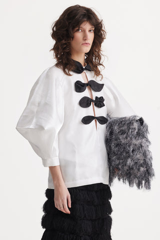 Taffeta Deep V-Neck Blouse With Satin Floral Detail – White