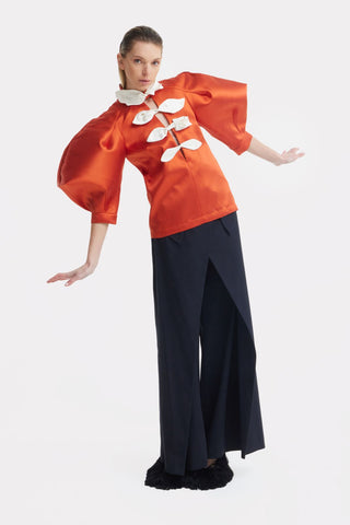 Taffeta Deep V-Neck Blouse With Satin Floral Detail – Orange