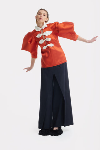 Taffeta Deep V-Neck Blouse With Satin Floral Detail – Orange