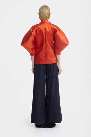 Taffeta Deep V-Neck Blouse With Satin Floral Detail – Orange