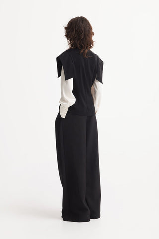 Tailored Blazer-Style Blouse With Satin Sleeves - Black & Ivory - Julia Allert